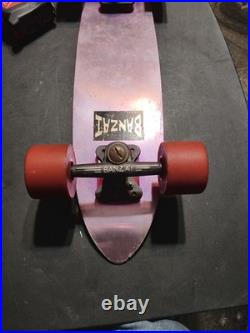Old-school BANZAI Aluminum Purple SkateBoard Deck & Sunburst Wheels + Red Riser