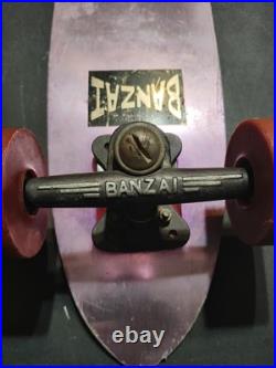 Old-school BANZAI Aluminum Purple SkateBoard Deck & Sunburst Wheels + Red Riser