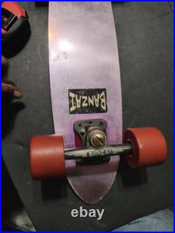 Old-school BANZAI Aluminum Purple SkateBoard Deck & Sunburst Wheels + Red Riser