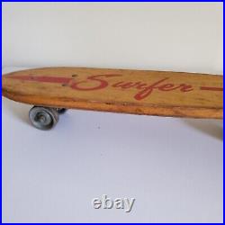 Vintage 1960s Wood Skateboard Surfer Metal Wheels